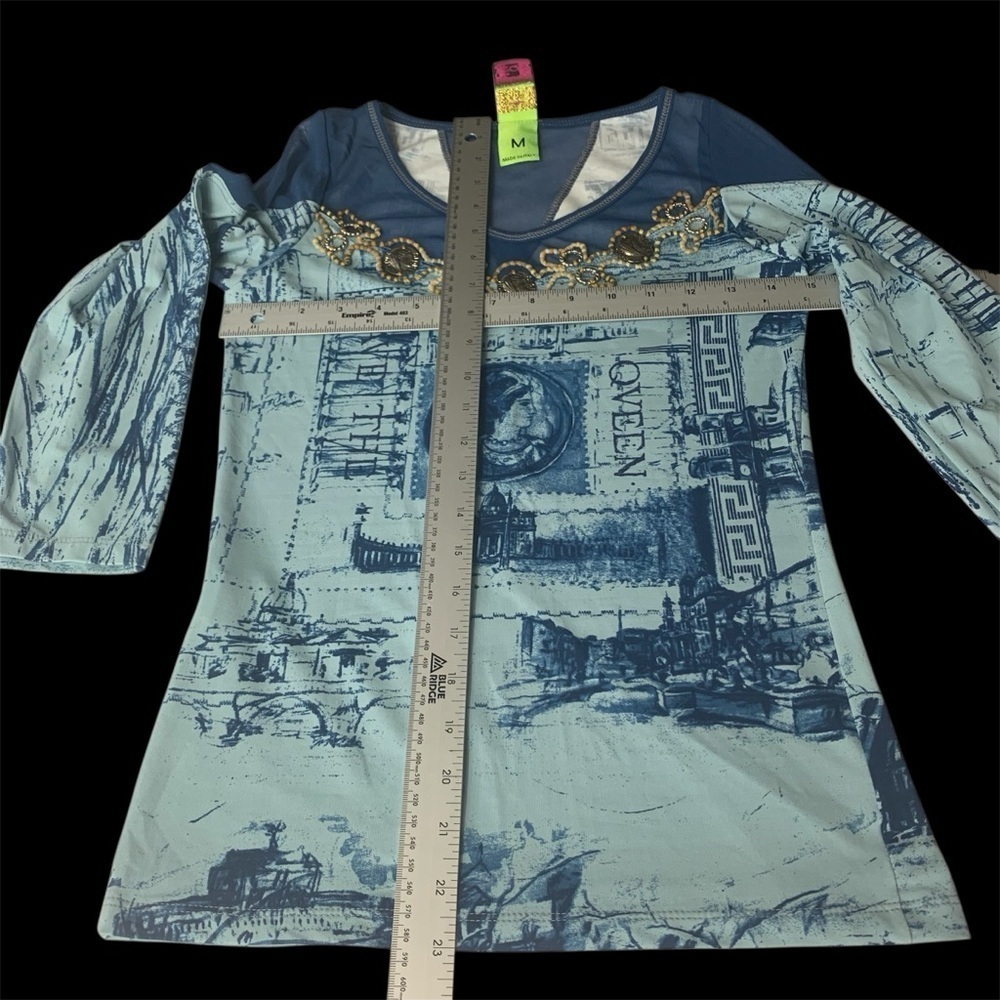 Save the Queen Vintage Graphic Top Sheer Panels Embellished 3/4 Sleeves Blues MS - Picture 15 of 16